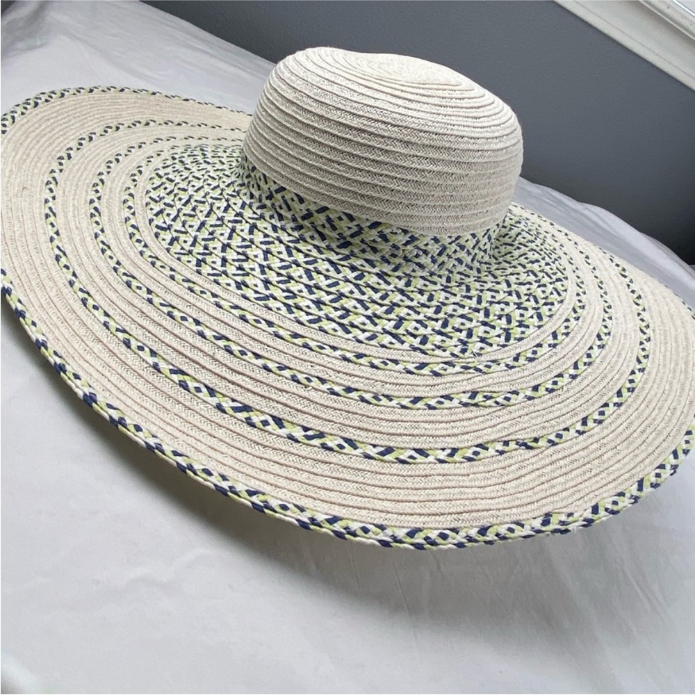 NWOT Stylish Woven Wide Brim Sun Hat with blue and green accents